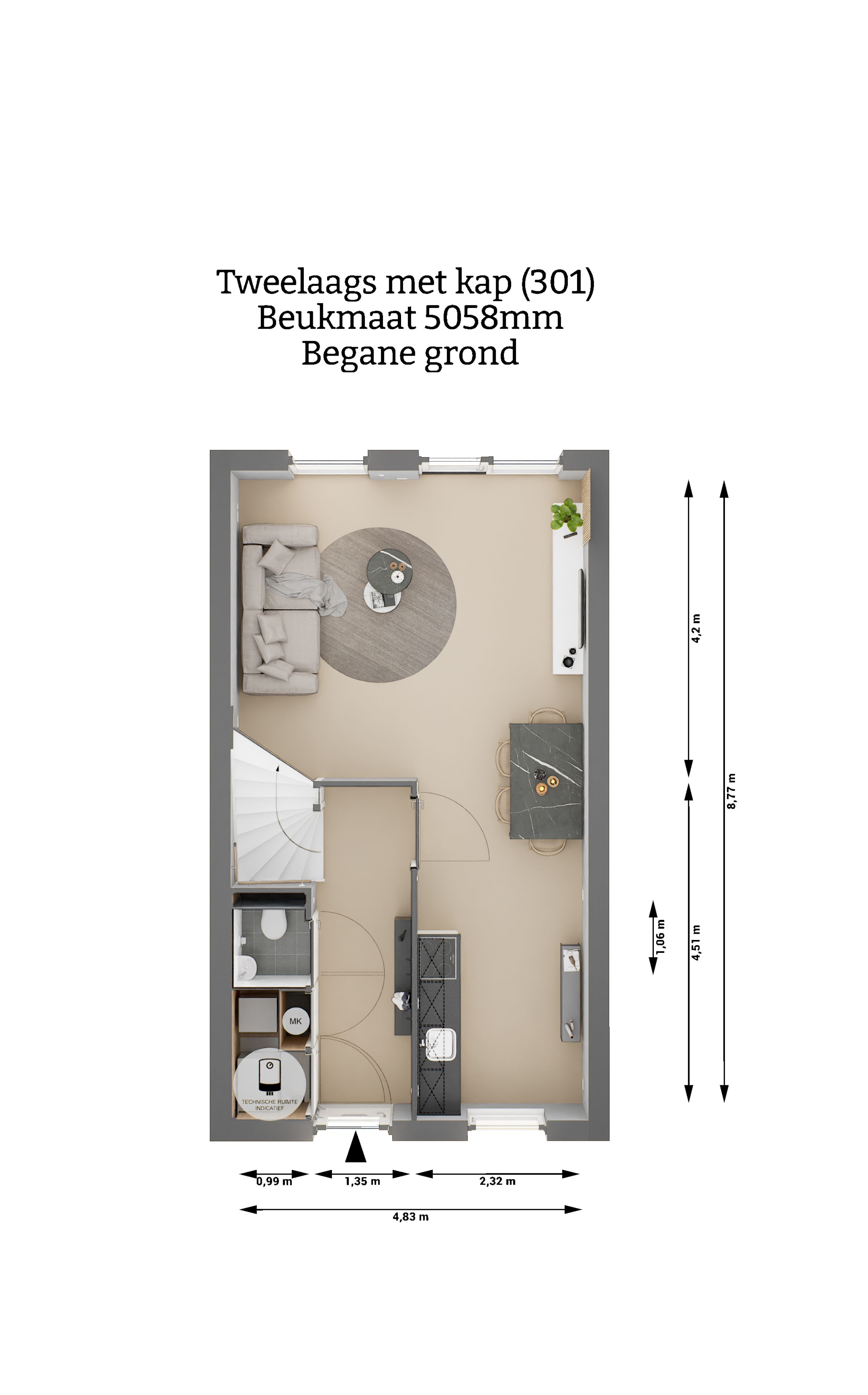 Plattegrond - Tweelaags met kap woning type 301 - Begane grond - Beukmaat 5058