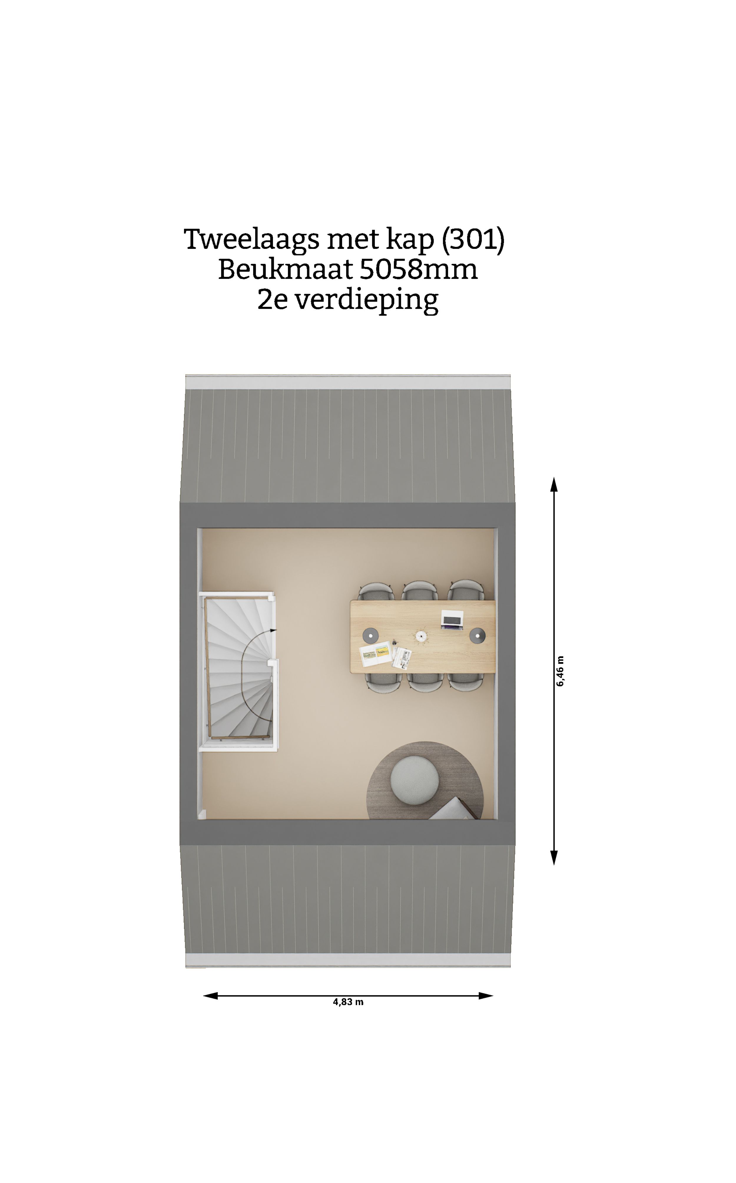 Plattegrond - Tweelaags met kap woning type 301 - tweede verdieping - beukmaat 5058