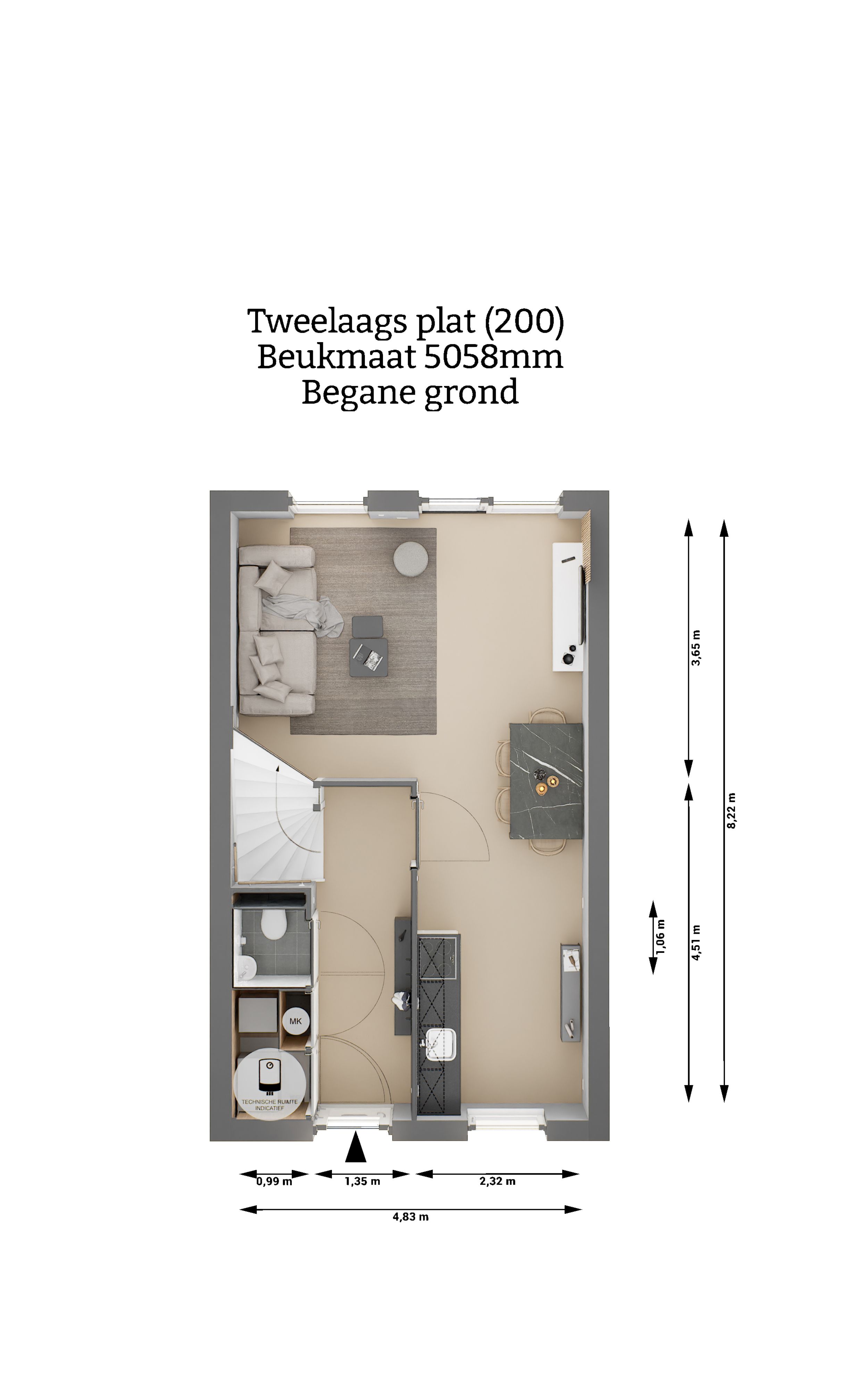 Plattegrond - Tweelaags plat woning type 200 - Begane grond - Beukmaat 5058