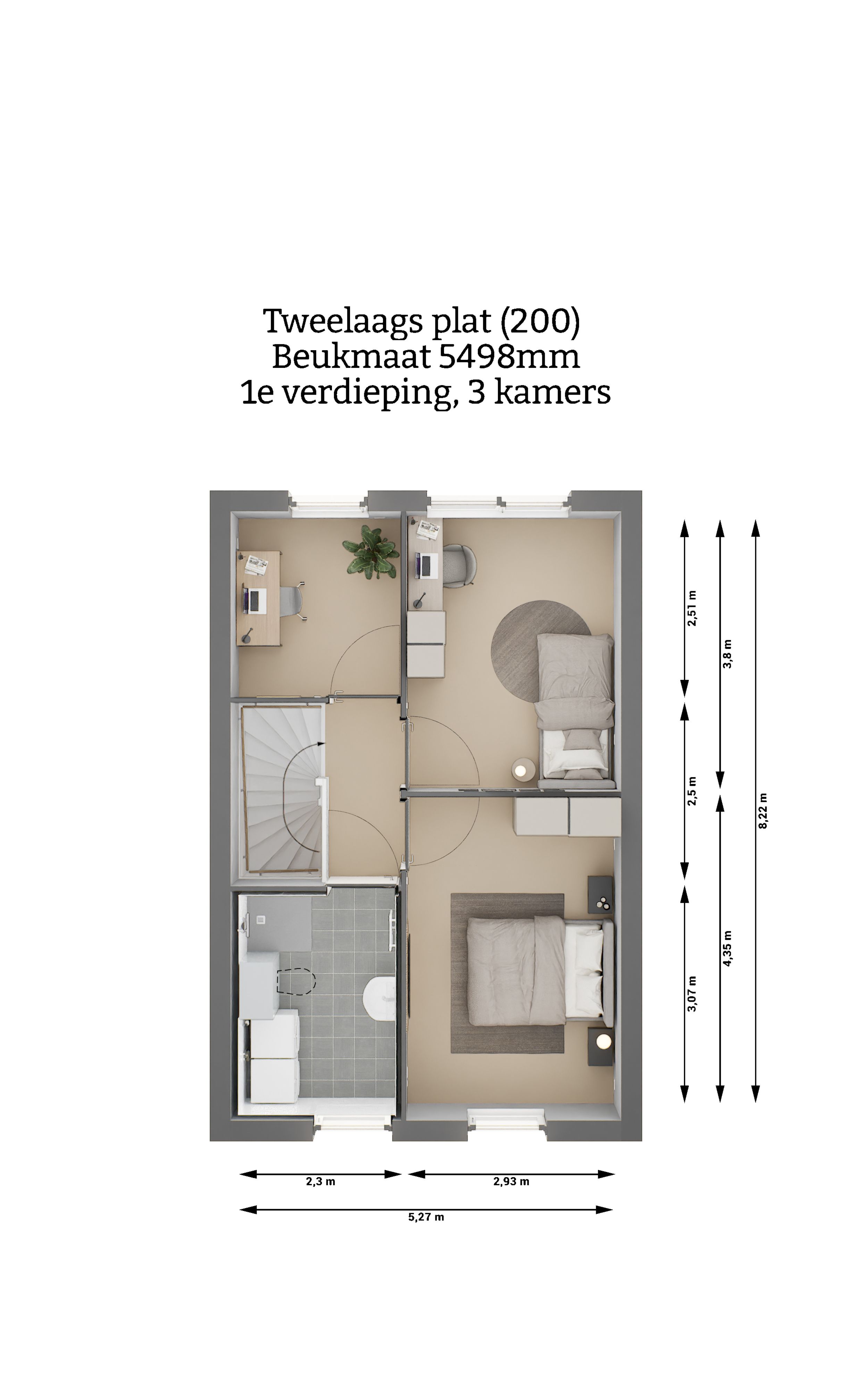 Plattegrond - Tweelaags plat woning type 200 - eerste verdieping - drie kamers - Beukmaat 5498