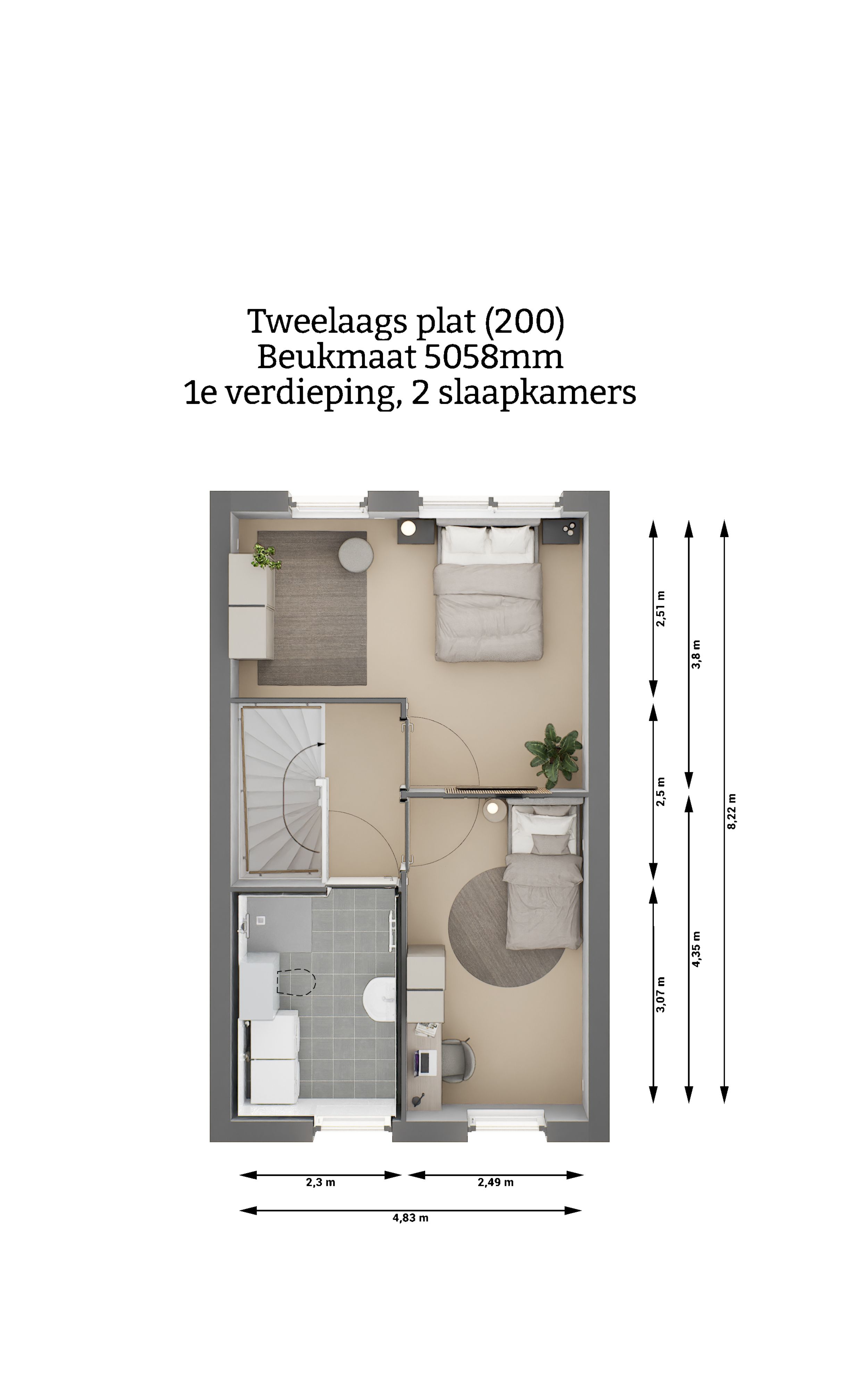 Plattegrond - Tweelaags plat woning type 200 - eerste verdieping - twee slaapkamers - beukmaat 5058