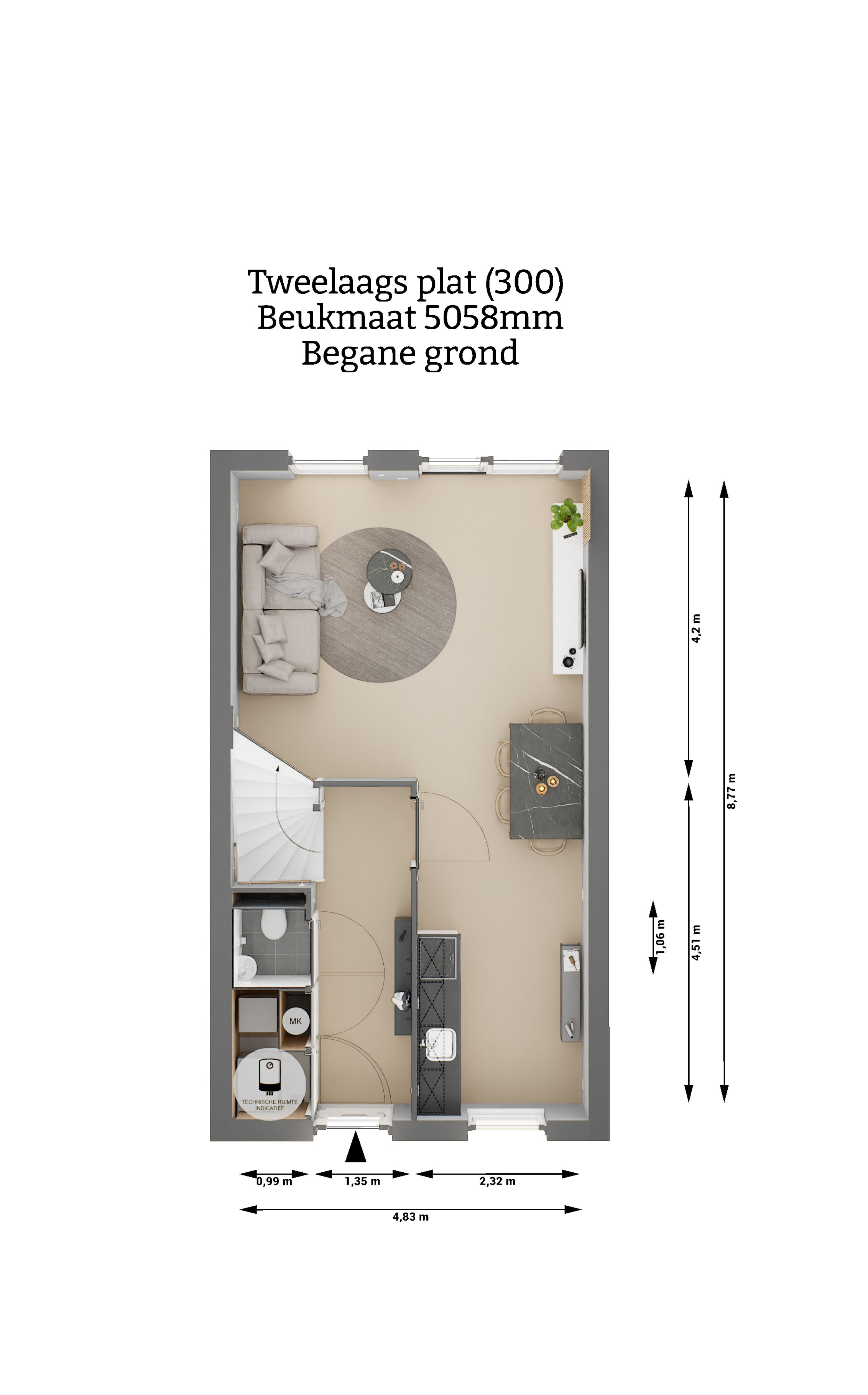 Plattegrond - Tweelaags plat woning type 300 - Begane grond - Beukmaat 5058