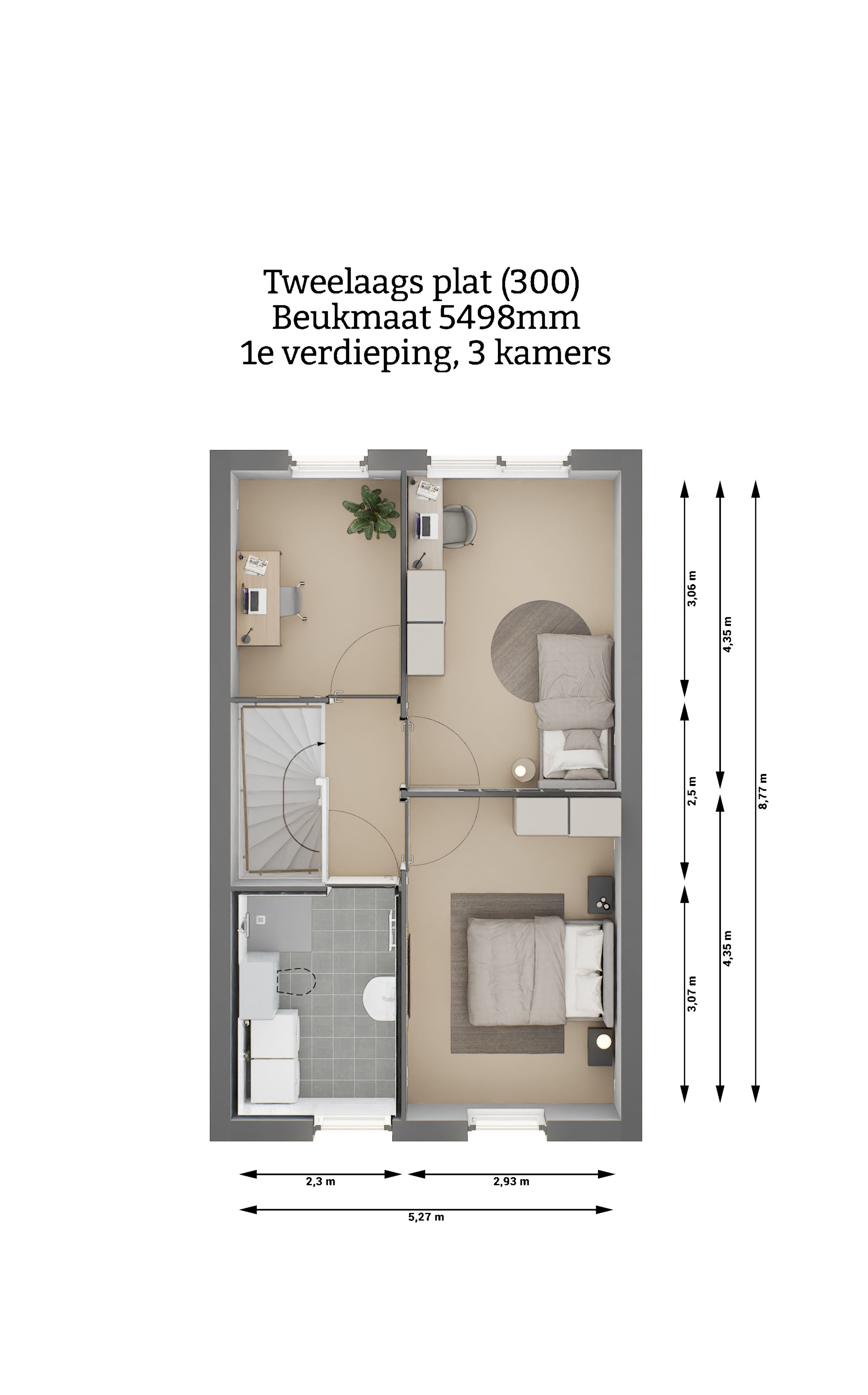 Plattegrond - Tweelaags plat woning type 300 - eerste verdieping - drie kamers - beukmaat 5498