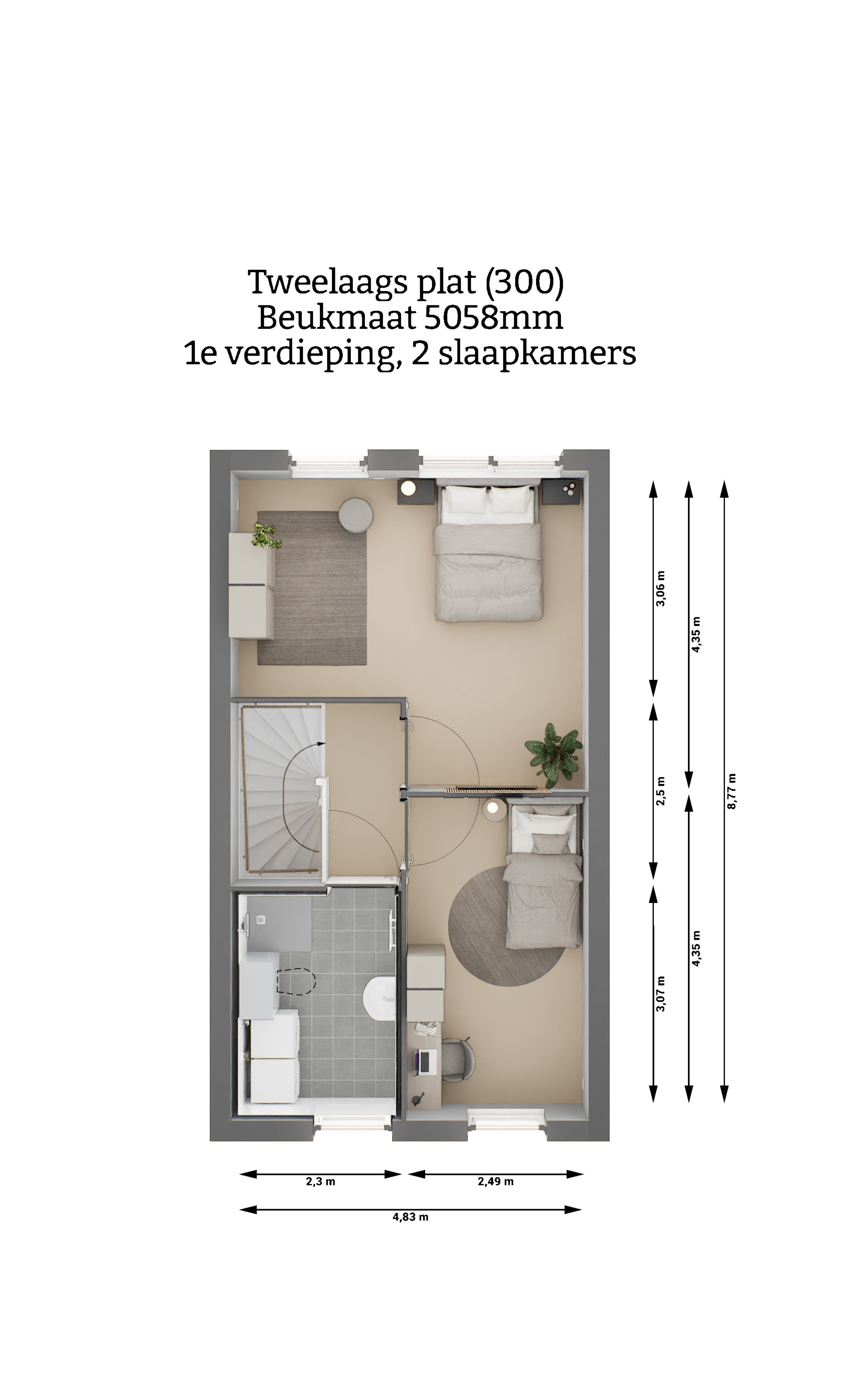 Plattegrond - Tweelaags plat woning type 300 - eerste verdieping - twee slaapkamers - beukmaat 5058