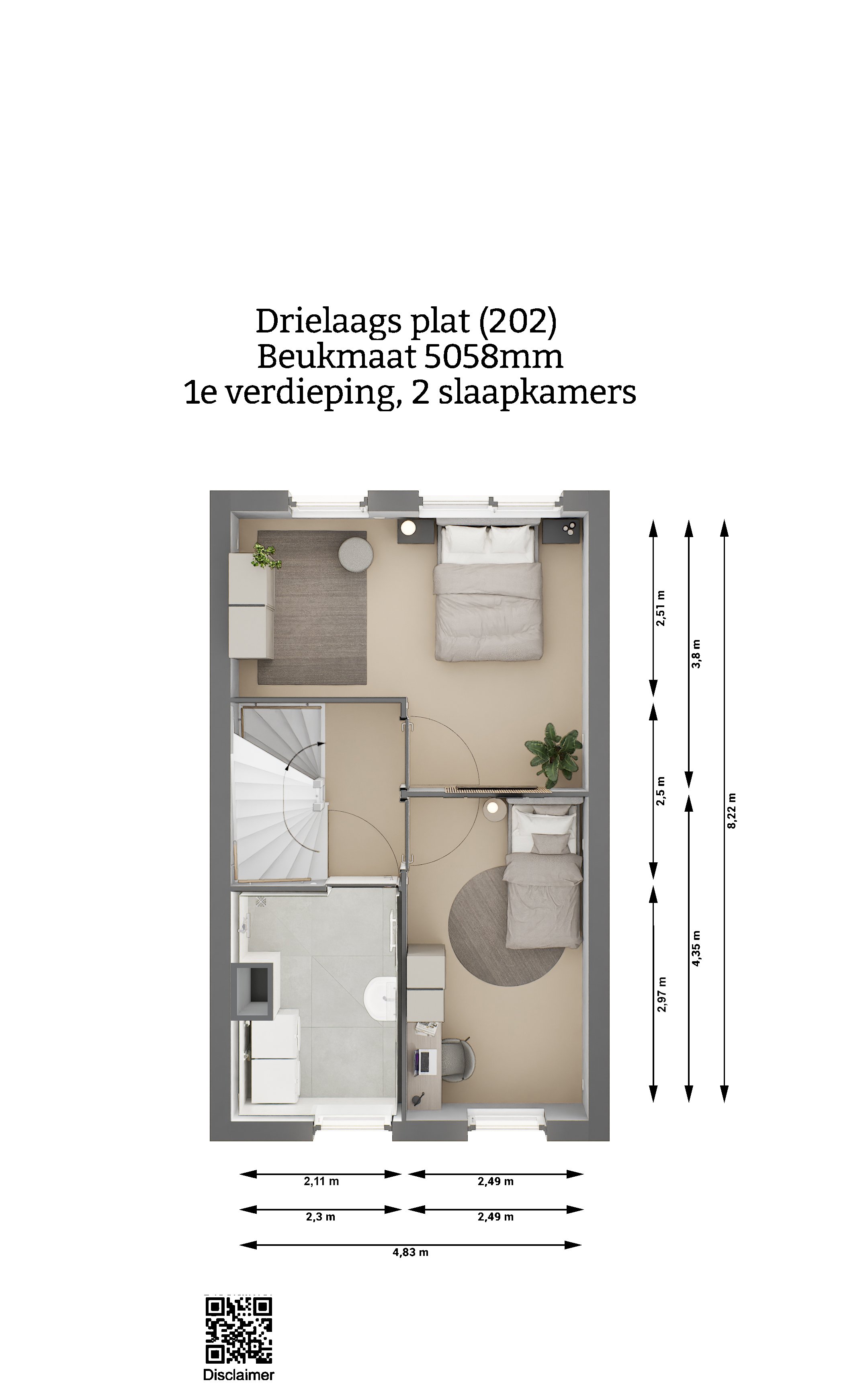 Plattegrond - Drielaags plat woning type 202 - eerste verdieping - twee slaapkamers - Beukmaat 5058 - Keratop