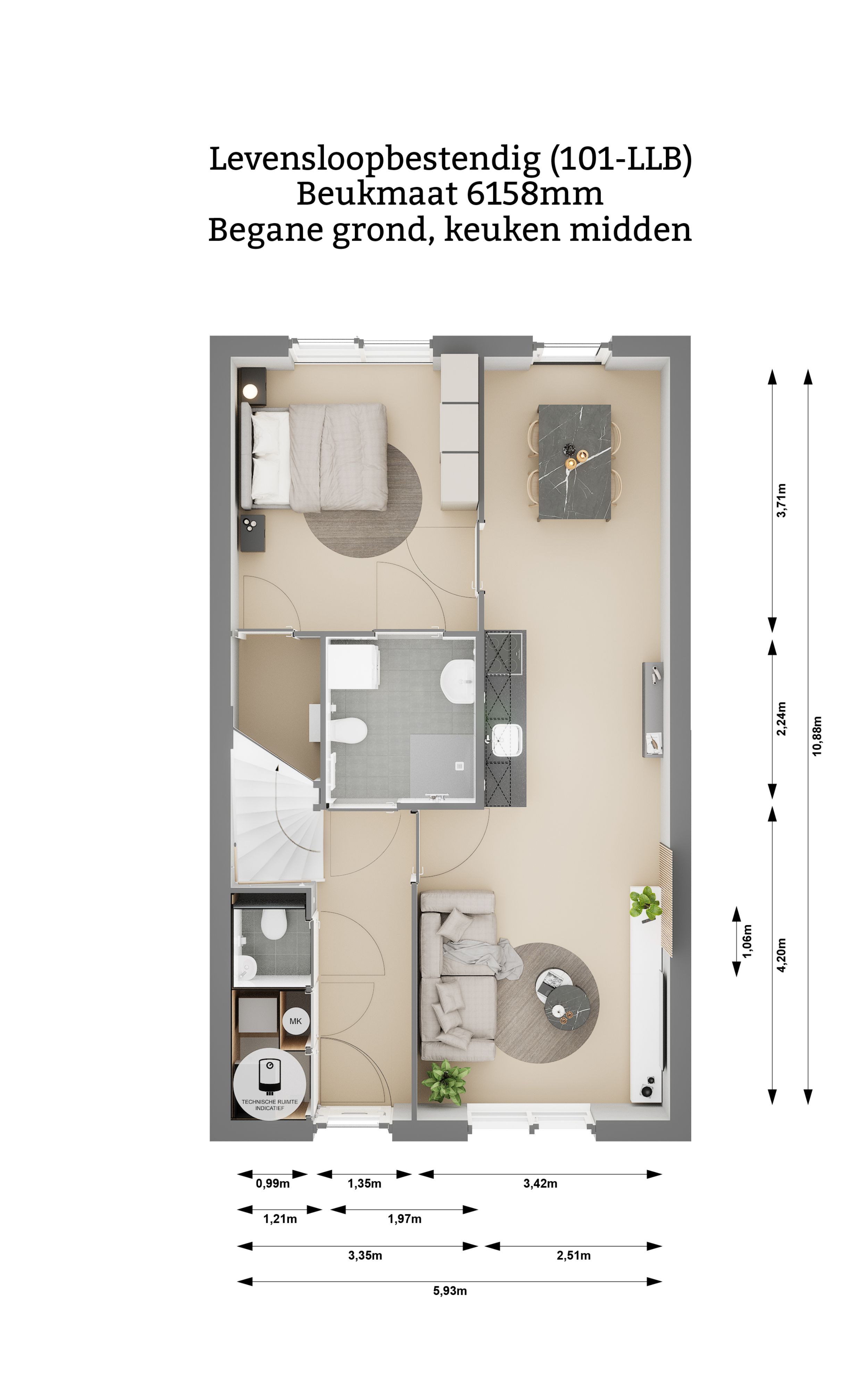 Plattegrond Eenlaags met kap levensloopbestendige woning Begane grond Keuken in het midden Beukmaat 6158