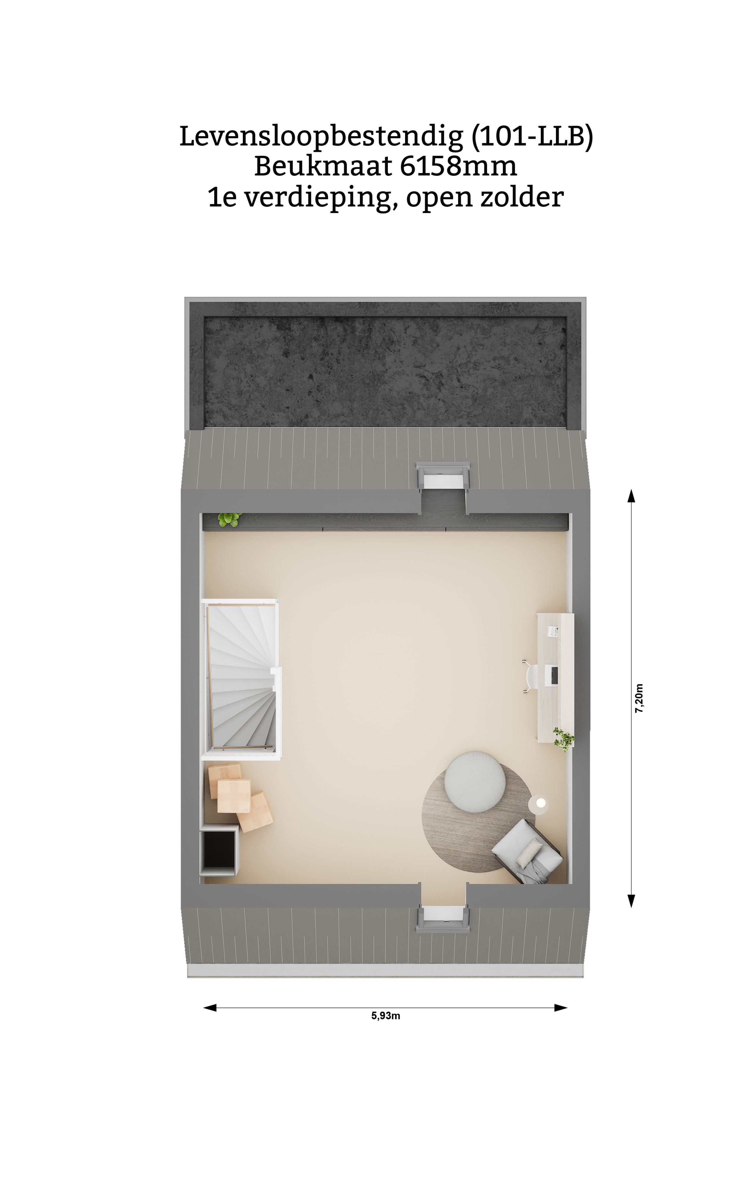 Plattegrond Eenlaags met kap levensloopbestendige woning tweede verdieping open zolder beukmaat 6158