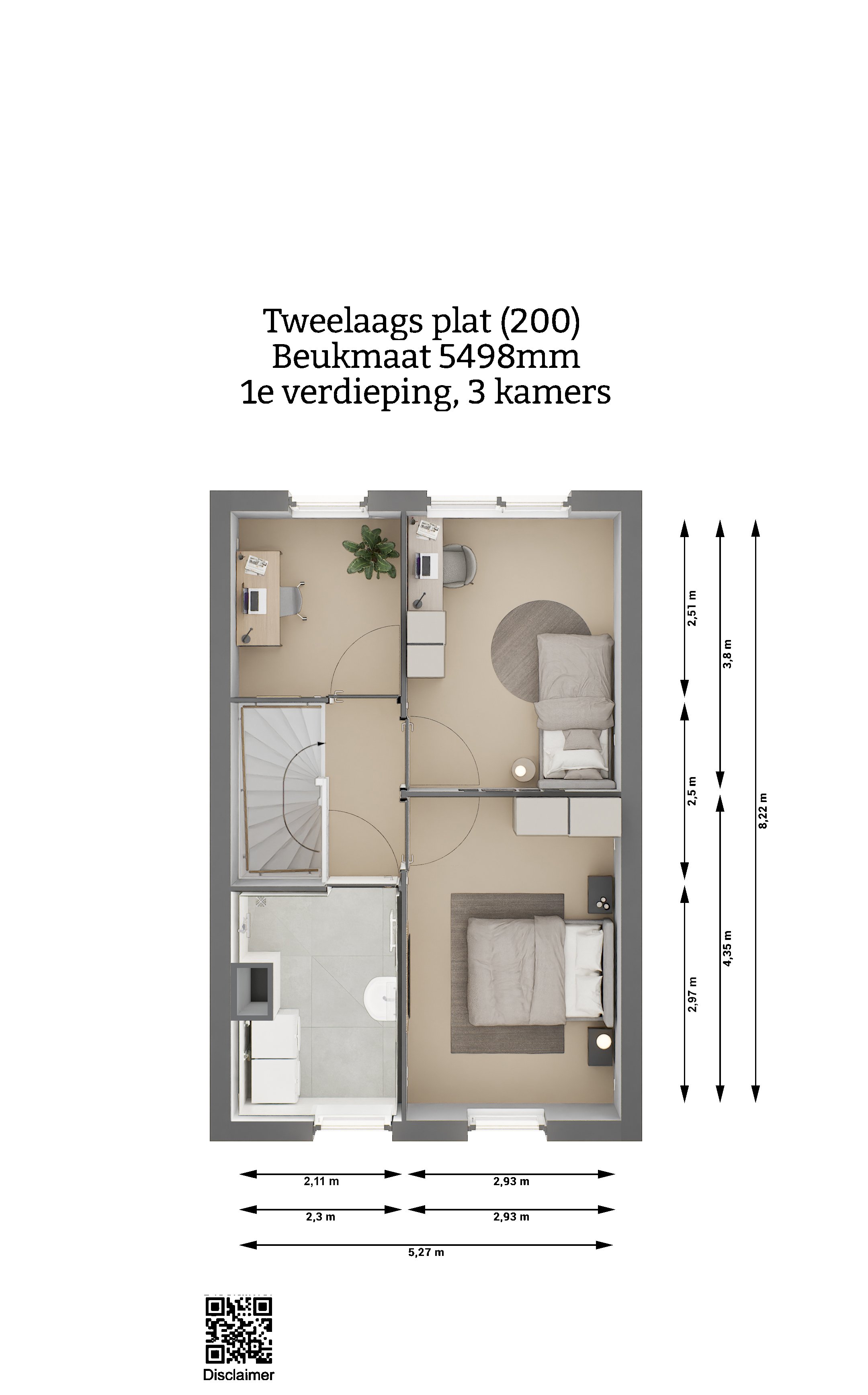 Plattegrond - Tweelaags plat woning type 200 - eerste verdieping - drie kamers - Beukmaat 5498 - Keratop