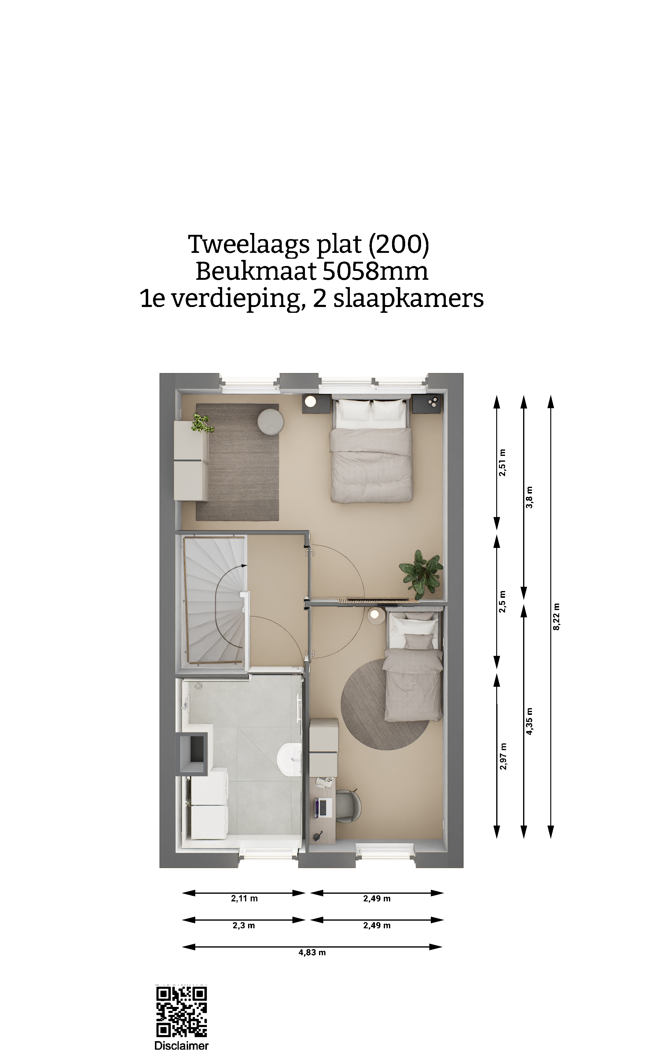 Plattegrond - Tweelaags plat woning type 200 - eerste verdieping - twee slaapkamers - beukmaat 5058 - Keratop