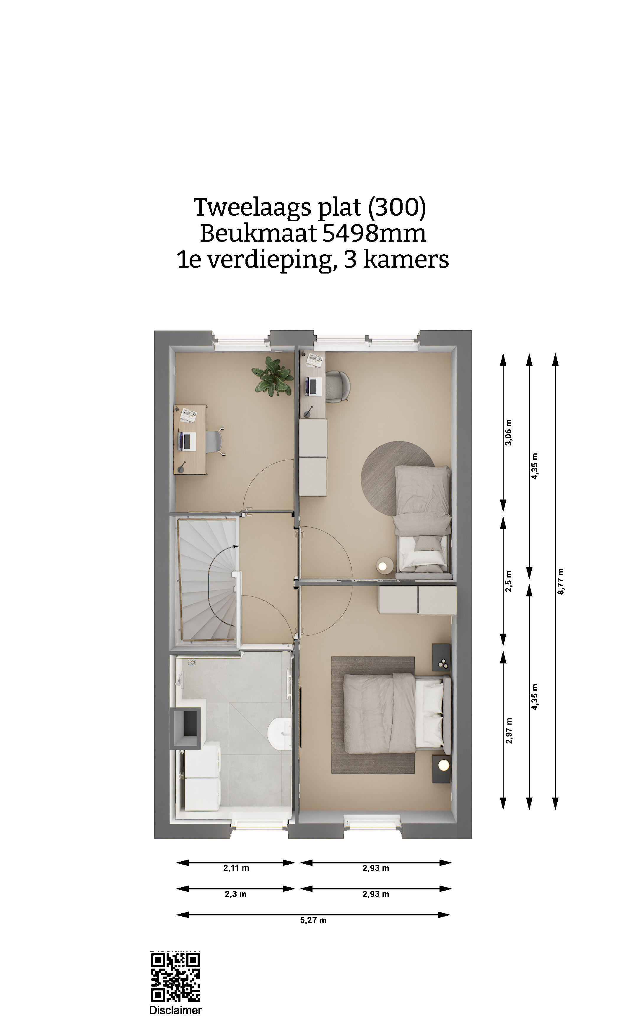 Plattegrond - Tweelaags plat woning type 300 - eerste verdieping - drie kamers - beukmaat 5498 - Keratop