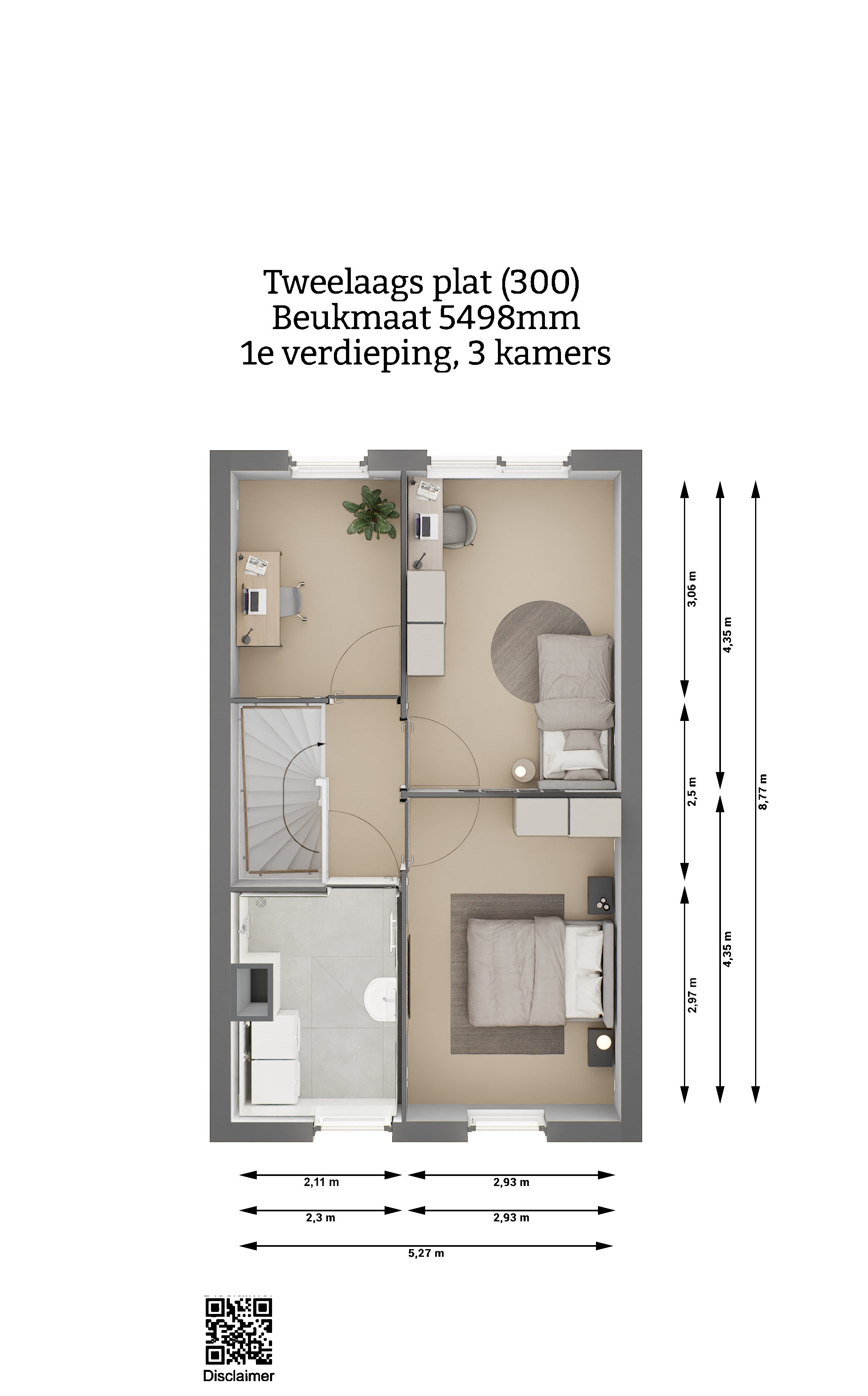 Plattegrond - Tweelaags plat woning type 300 - eerste verdieping - drie kamers - beukmaat 5498 - Keratop