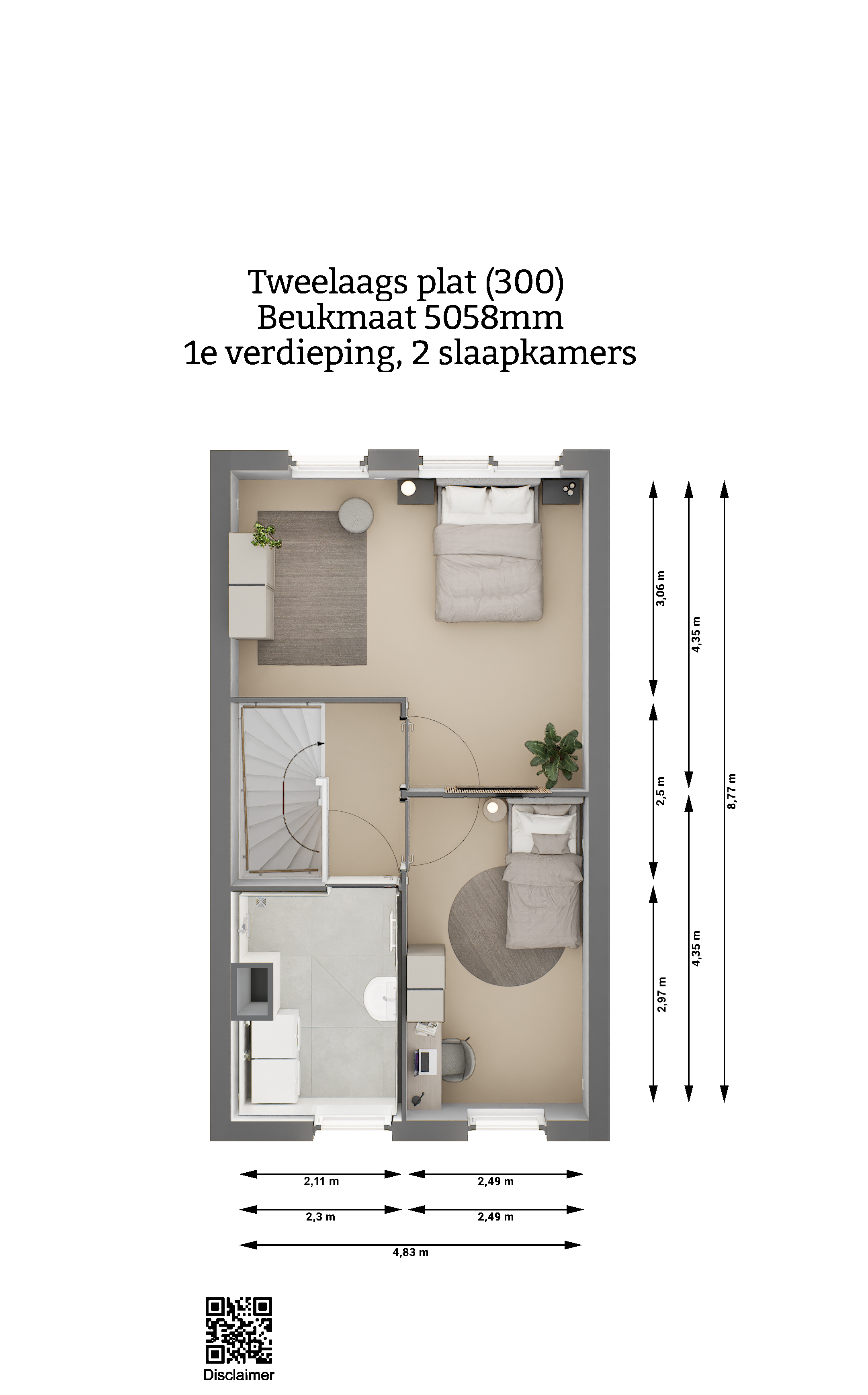 Plattegrond - Tweelaags plat woning type 300 - eerste verdieping - twee slaapkamers - beukmaat 5058 - Keratop