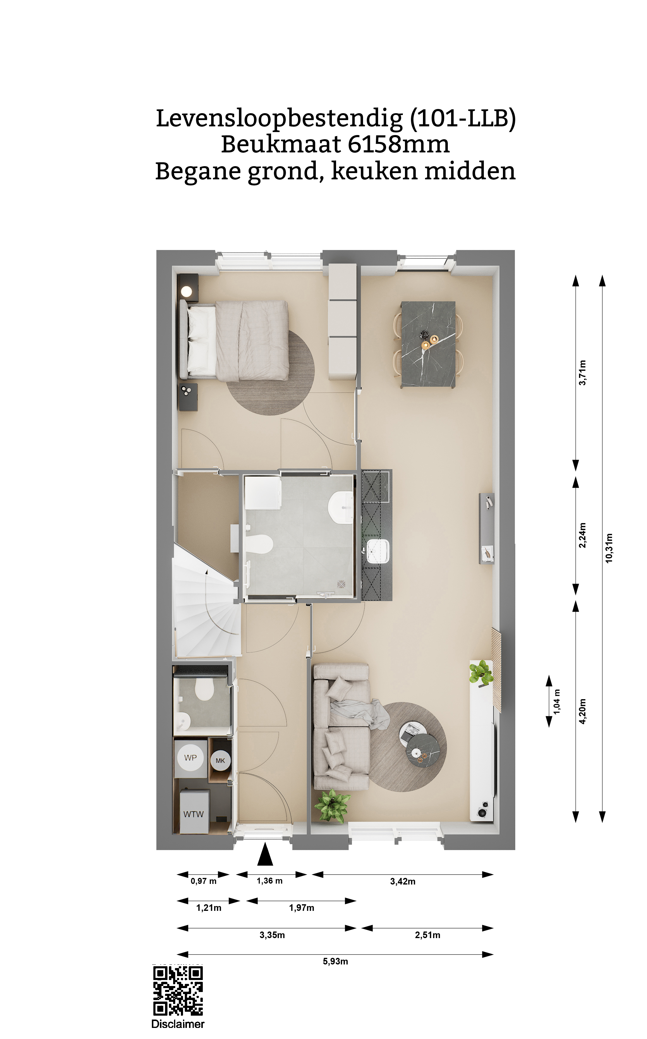 Plattegrond Eenlaags met kap levensloopbestendige woning Begane grond Keuken in het midden Beukmaat 6158 Keratop