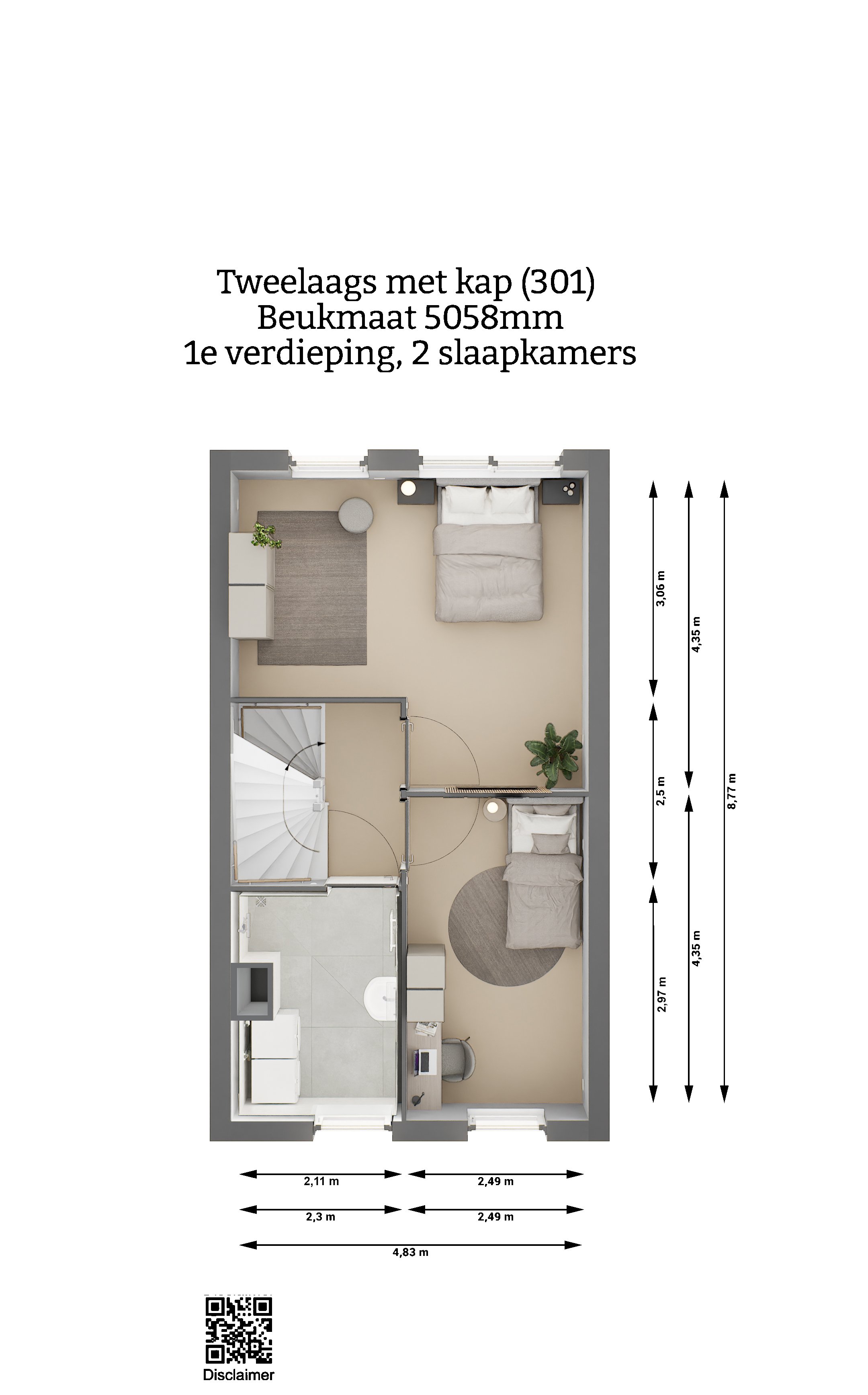 Plattegrond Tweelaags met kap woning type 301 eerste verdieping twee slaapkamers beukmaat 5058 - Keratop