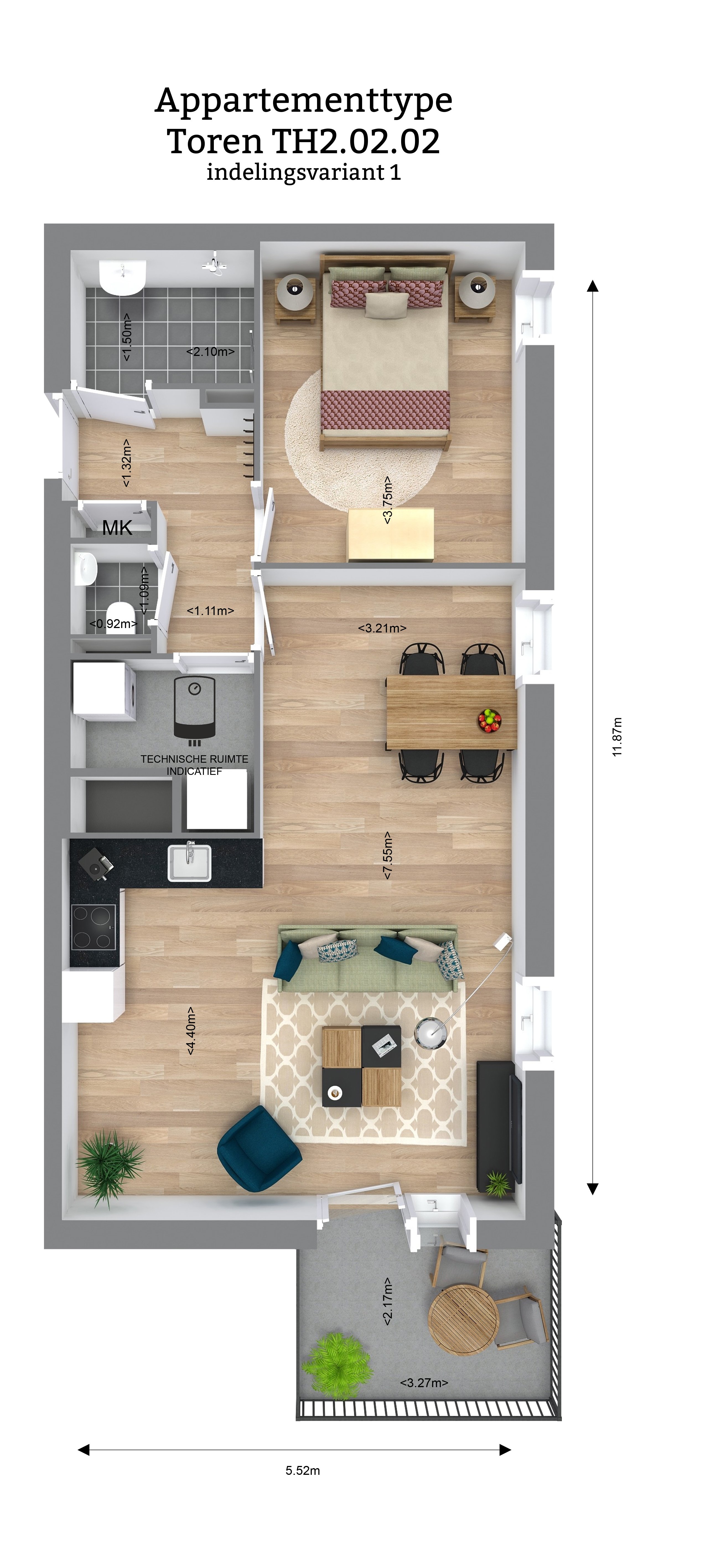 Plattegrond van een 2- kamer appartement in een woontoren. De woning heeft een rechthoekige vorm.