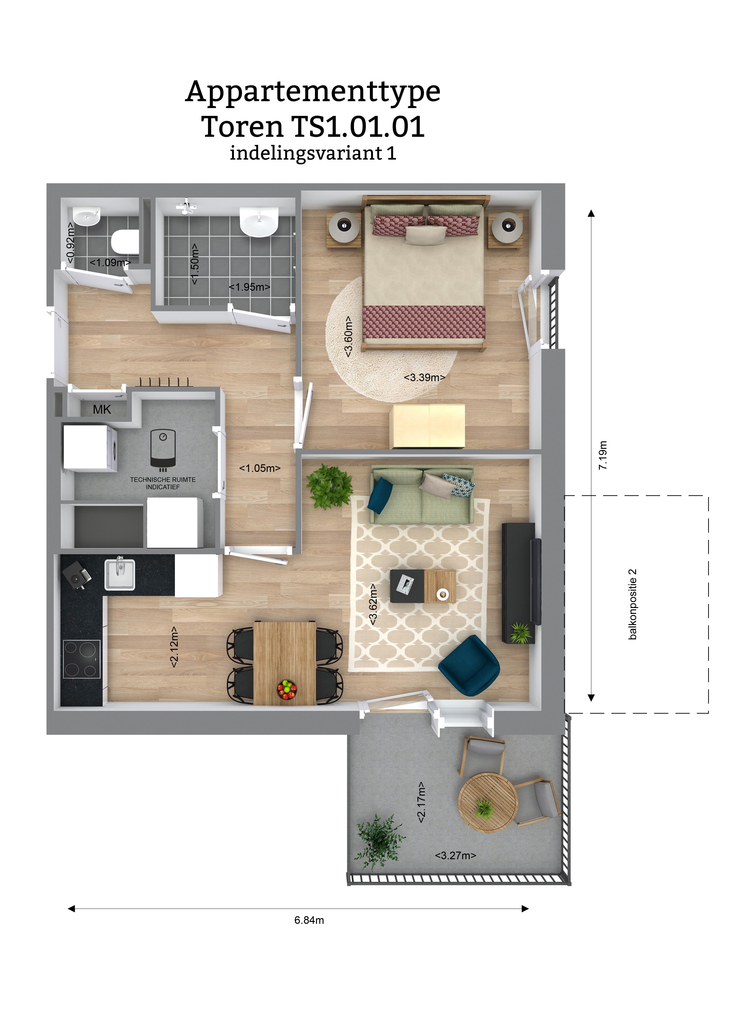 Plattegrond van een 2- kamer appartement in een woontoren. De woning heeft een vierkante vorm.