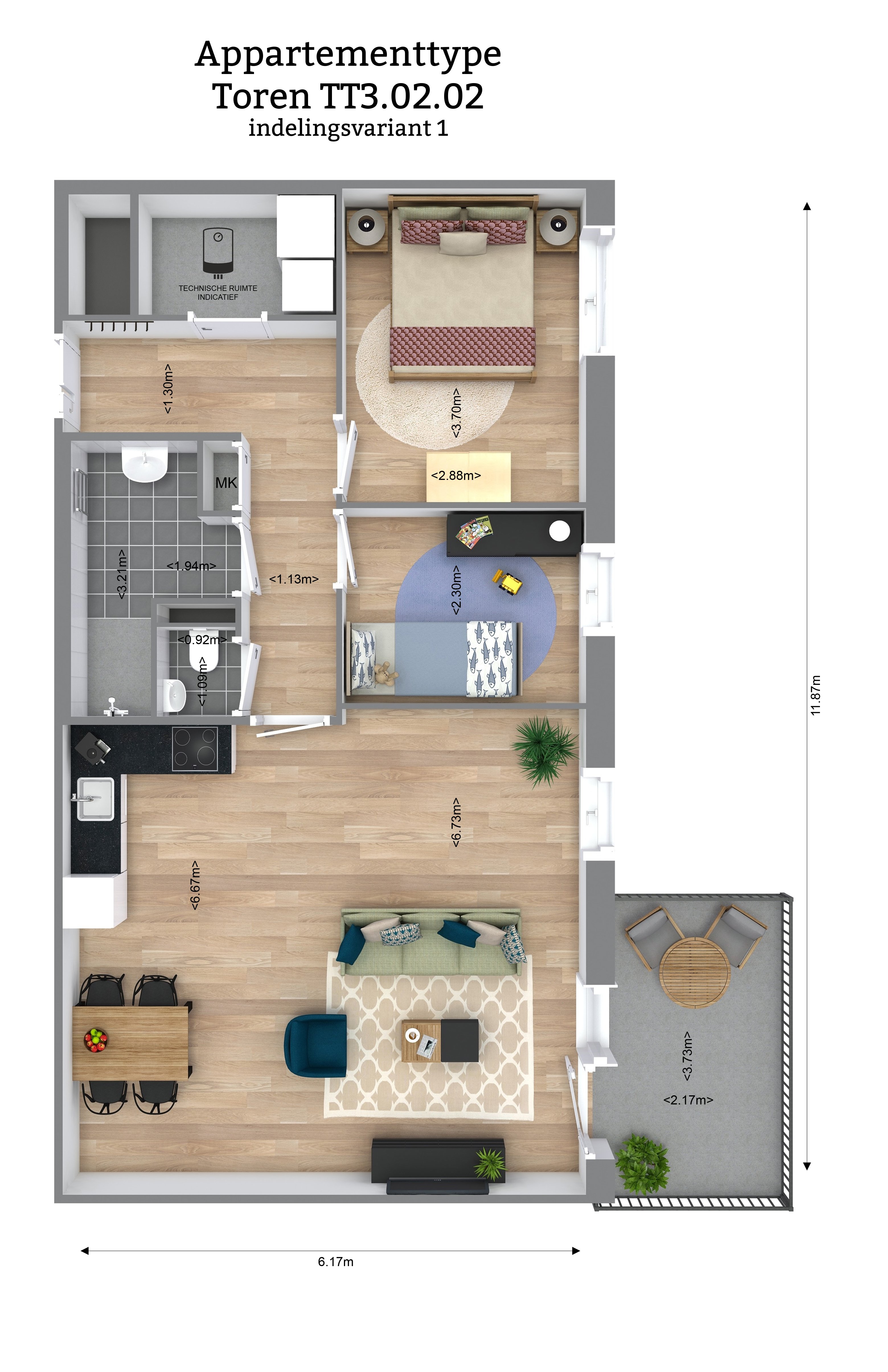Plattegrond van een 3- kamer appartement in een woontoren.