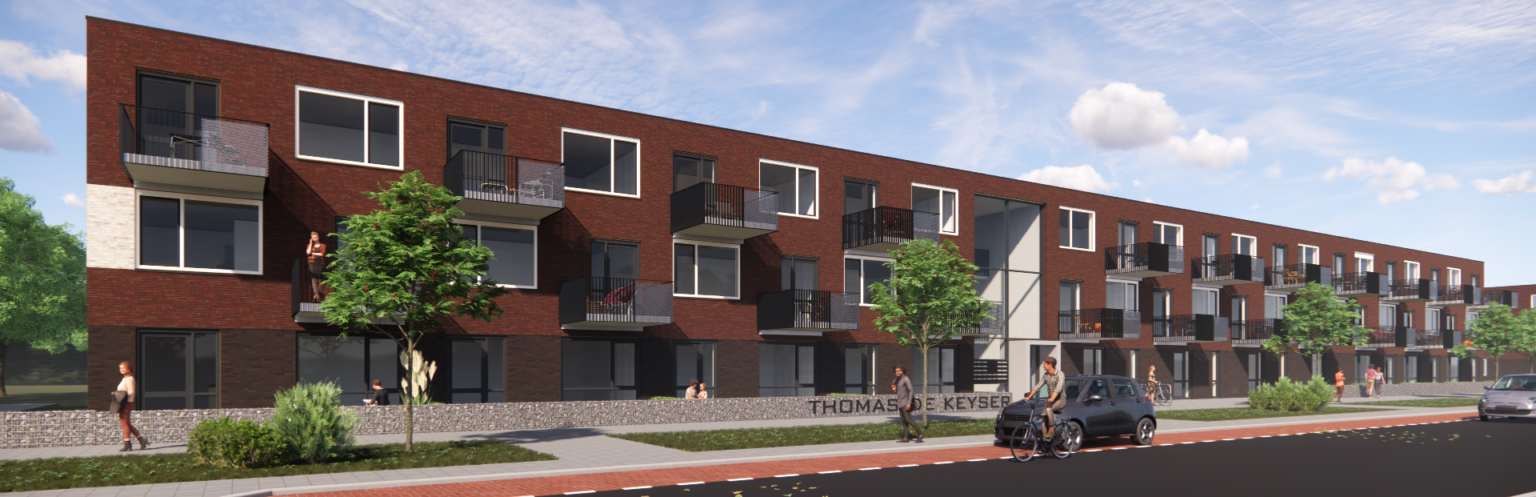 Impressie van het eindresultaat van de bouw 45 all-electric woningen Thomas de Keyserstraat Enschede