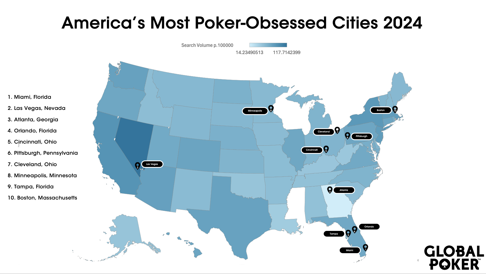 American map detailing most poker obsessed cities