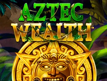 The image shows a promotional graphic for the online slot game "Aztec Wealth" available on Chumba Casino. The background features a rich, jungle scene with ancient Aztec pyramids and lush vegetation. The title "Aztec Wealth" is prominently displayed in bold, golden letters at the top of the image, with intricate Aztec patterns. The overall theme evokes a sense of mystery and adventure, focusing on the ancient riches of the Aztec civilization.
