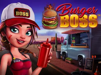 The image shows a promotional graphic for the online slot game "Burger Boss" available on Chumba Casino. The background features a vibrant diner scene with a large, cartoonish burger as the central element. The title "Burger Boss" is prominently displayed in bold, red and yellow letters at the top of the image. The overall theme is playful and colorful, centered around a fun, fast-food dining experience.