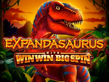 The image shows a promotional graphic for the online slot game "Expandasaurus" available on Chumba Casino. The background features a prehistoric jungle setting with a friendly and cartoonish dinosaur character. The title "Expandasaurus" is prominently displayed in bold, playful letters at the top of the image, reflecting the theme of dinosaurs and adventure. The overall design is colorful and engaging, promising an entertaining gaming experience with the expandable dinosaur as a unique feature of the game.