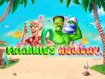 The image shows a promotional graphic for the online slot game "Frankie's Holiday" available on Chumba Casino. The background features a festive and whimsical design with a friendly, cartoonish Frankenstein's monster character. The title "Frankie's Holiday" is prominently displayed in bold, green and yellow letters at the top of the image, creating a playful and holiday-themed atmosphere. The overall theme combines humor with a festive spirit, promising a fun and entertaining gaming experience with Frankie enjoying a holiday setting.