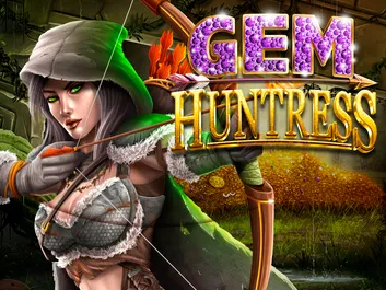 The image shows a promotional graphic for the online slot game "Gem Huntress" available on Chumba Casino. The background features a mystical and adventurous scene with shimmering gemstones and ancient artifacts. The title "Gem Huntress" is prominently displayed in bold, sparkling letters at the top of the image, enhancing the theme of treasure hunting and exploration. The overall design exudes a sense of mystery and allure, promising an exciting gaming experience centered around hunting for precious gems.