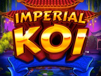 Logo of slots game ‘Imperial Koi’ featuring stylized golden letters on a rich red background, above a dark blue banner with ornate decorations. The scene is set against a serene pond at twilight, showcasing traditional Asian architecture and lush vegetation.