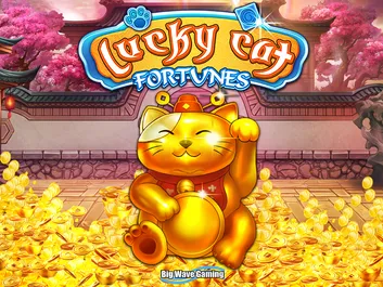 Promotional graphic for ‘Lucky Cat Fortunes’ featuring a golden Maneki-neko, or Lucky Cat, with a raised paw, surrounded by a pile of gold coins. The title is displayed in bold orange and blue letters, with traditional Asian architectural elements and cherry blossoms in the background. The Big Wave Gaming logo is visible in the corner, suggesting the image is related to a slot game by the developer