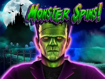 The image shows a promotional graphic for the online slot game "Monster Spins" available on Chumba Casino. The background features a spooky, fun design with cartoonish monsters in various shapes and colors. The title "Monster Spins" is prominently displayed in bold, purple and green letters at the top of the image. The overall theme is playful and slightly eerie, focusing on the whimsical and amusing nature of the monster characters.