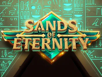 The image shows a promotional graphic for the online slot game "Sands of Eternity" available on Chumba Casino. The background features a mystical desert landscape with ancient ruins and golden sands stretching into the horizon. The title "Sands of Eternity" is prominently displayed in bold, sandy-colored letters at the top of the image, enhancing the theme of mystery and adventure. The overall design evokes a sense of exploration and timeless beauty, promising an engaging gaming experience set in a mythical desert world.