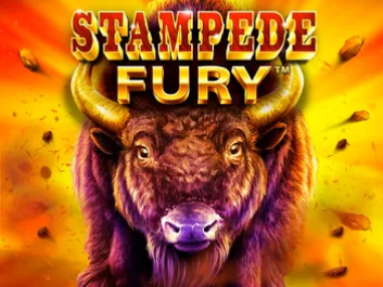 The image shows a promotional graphic for the online slot game "Stampede Fury" available on Chumba Casino. The background features a vibrant savanna scene with a herd of wild animals, including buffalo, running towards the viewer. The title "Stampede Fury" is prominently displayed in bold, golden letters at the top of the image. The overall theme conveys excitement and adventure.
