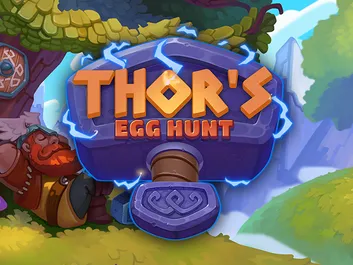 The image shows a promotional graphic for the online slot game "Thor's Egg Hunt" available on Chumba Casino. The background features a fantastical scene with a powerful figure resembling Thor, holding a hammer, set against a stormy sky with lightning bolts. Colorful Easter eggs are scattered throughout the scene. The title "Thor's Egg Hunt" is prominently displayed in bold, white letters at the top of the image. The overall theme combines elements of Norse mythology with a playful Easter egg hunt.