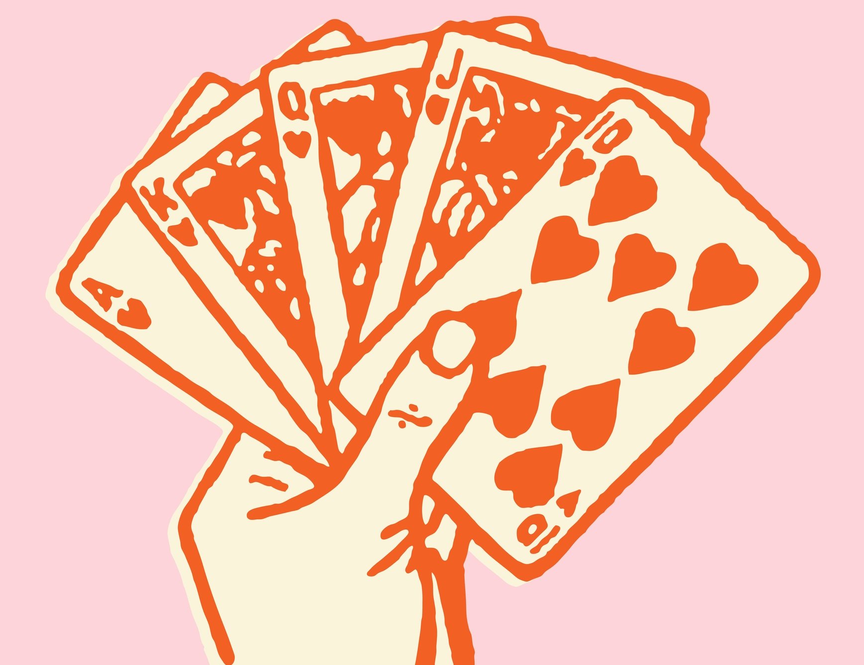 Illustration of a hand holding a fan of playing cards with heart suits, depicted in orange outlines against a pink background.