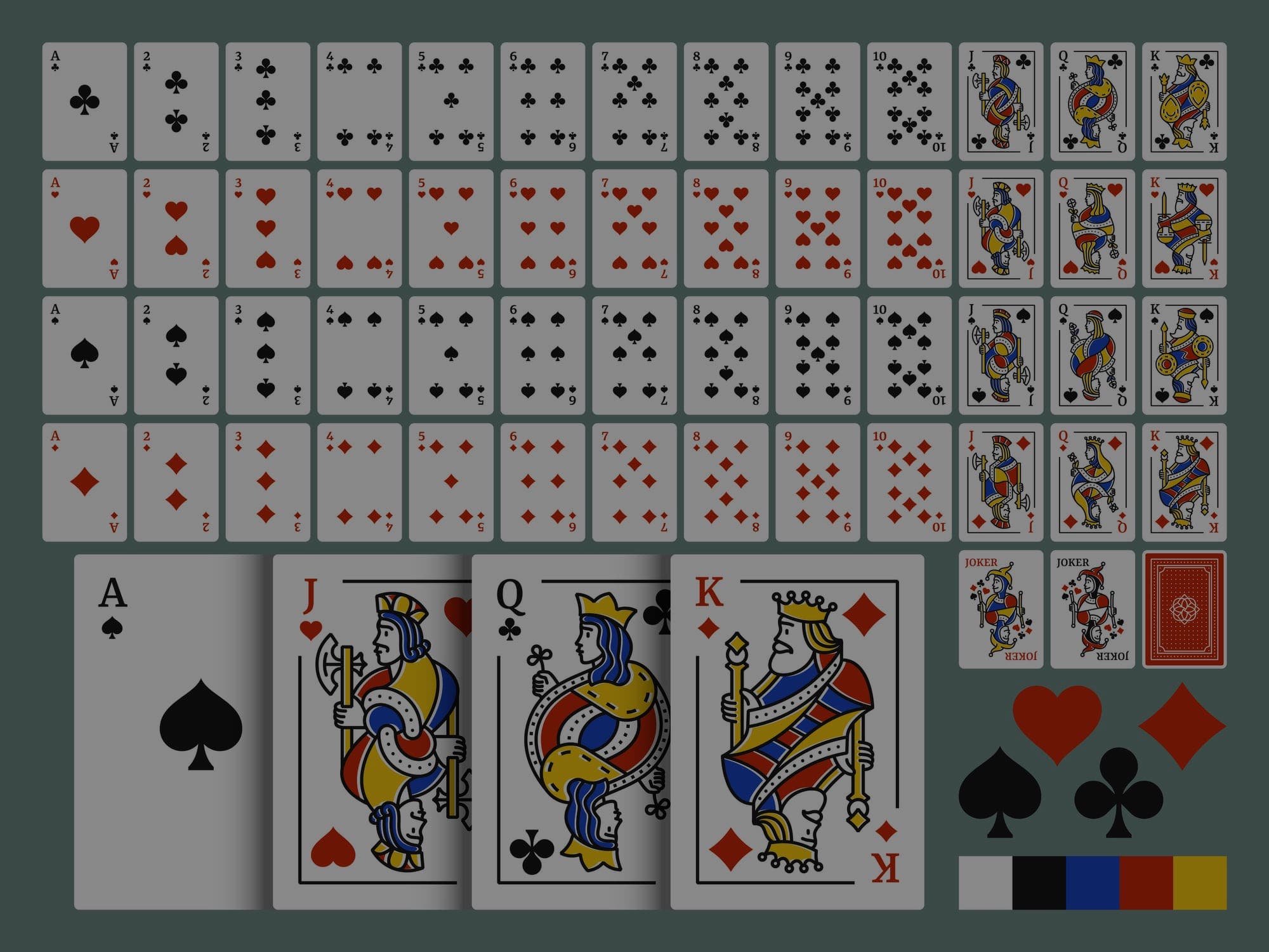 Complete set of playing cards with all four suits and face cards on a dark background