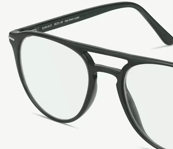Close-up of dark green crystal double bar frames