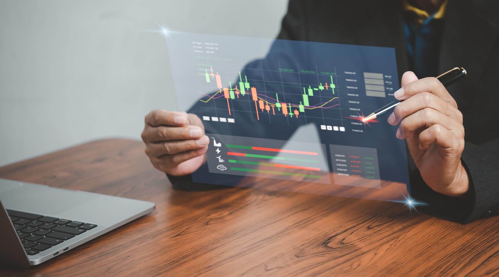 Man holding futuristic touchscreen monitor