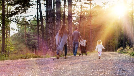 Family walking along forest path together
