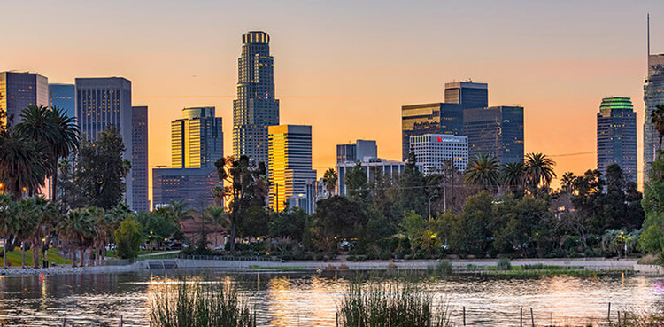View of city from city greenspace and pond