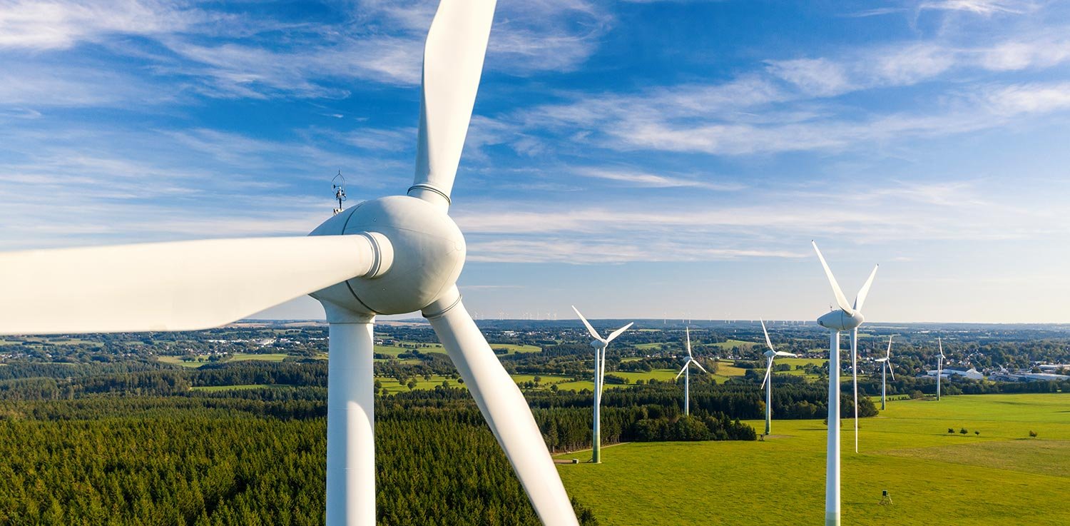 A field of windmills generating clean, renewable energy