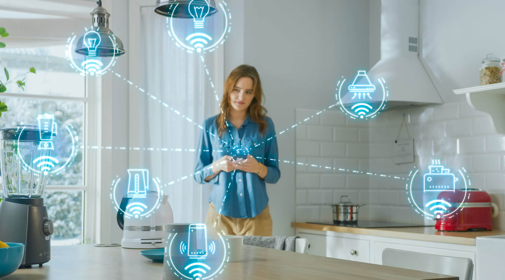 Woman uses smart phone to control her smart home devices