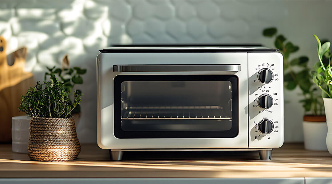 A toaster oven on a kitchen counter