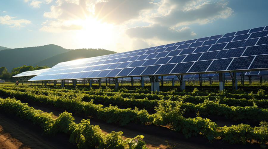 An array of solar panels in a field near mountains