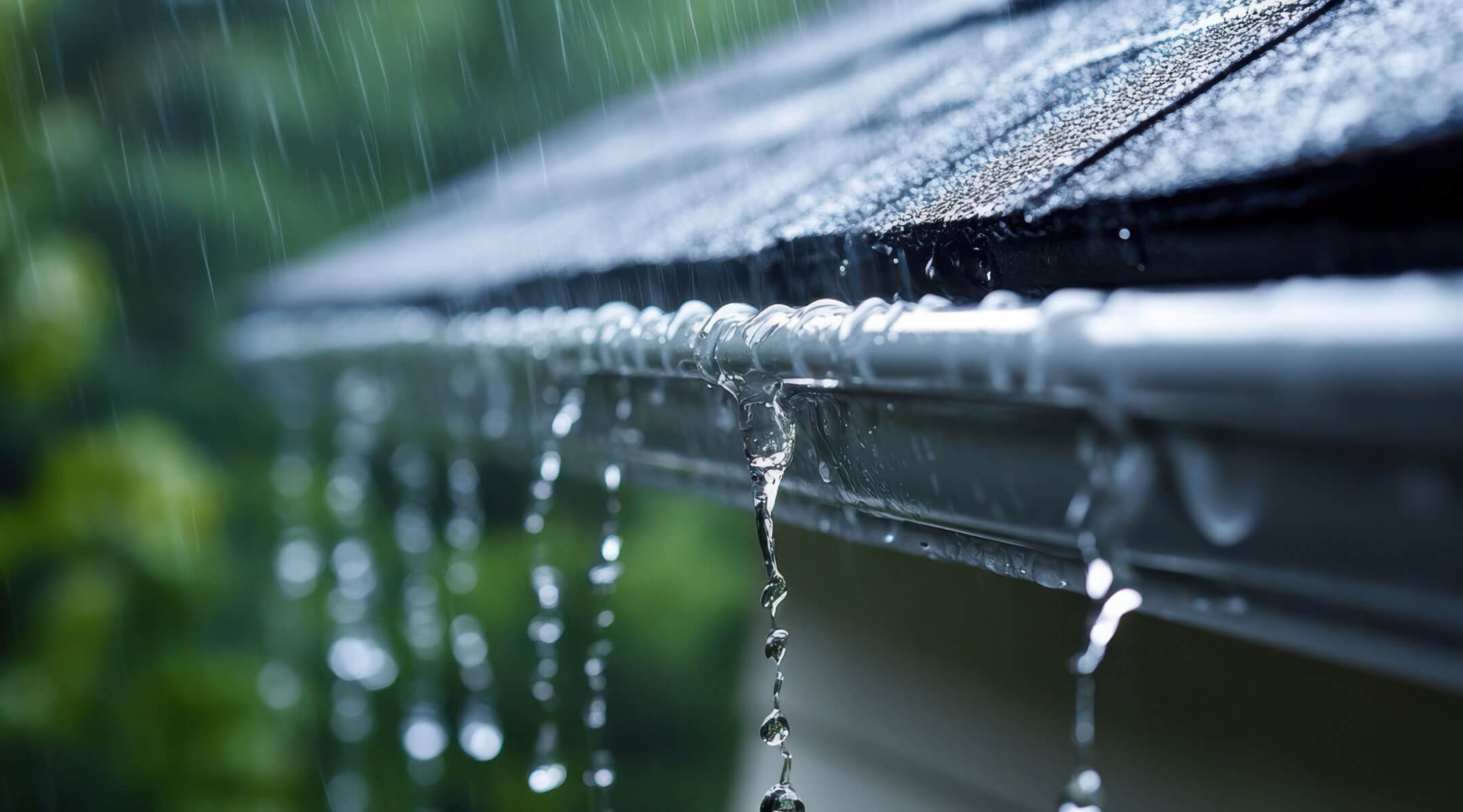 Water spilling over a gutter during a rainstorm.