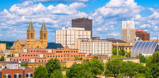 Downtown Akron City Skyline during a sunny day 