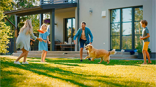 Family throwing frisbee in the yard