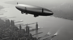 A vintage picture of a blimp flying over New York City.
