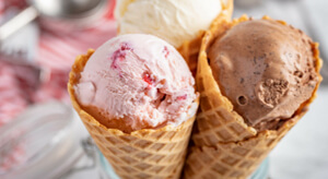 Strawberry and Chocolate Ice cream cones.