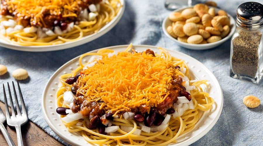 Dish of famous Cincinnati-style chili